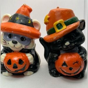 Vintage Halloween candles Gurley black kitties hat pumpkins unlit lot of two